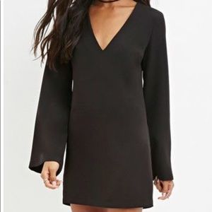 black long/bell cut sleeve mini dress